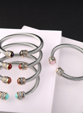 欧美不锈钢电缆开口手镯天然石麻花手环可调节C型钛钢手镯现货