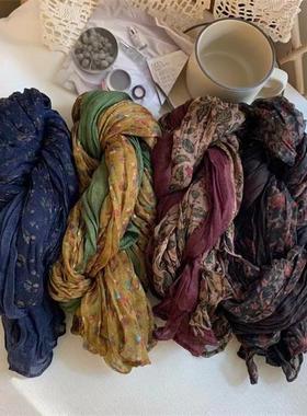 春秋冬季棉麻围巾女士冬天文艺复古小碎花薄款褶皱百搭长巾丝巾