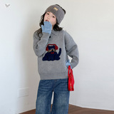 女童毛衣加厚2025年秋冬新款休闲卡通绣花针织衫中大童翻领打底衫，童装毛衣，祺儿童装