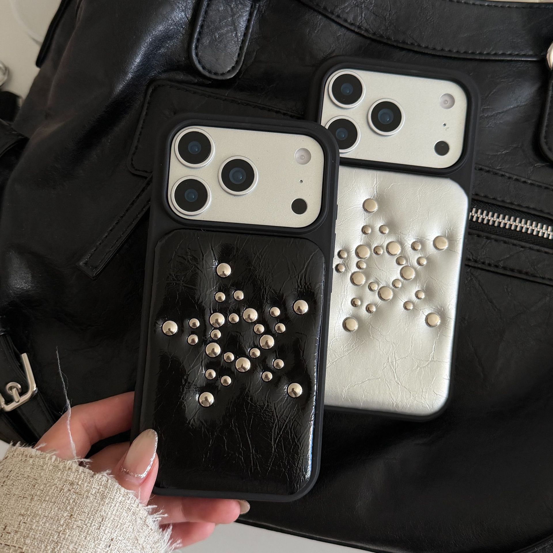 韩系ins皮纹柳钉大星星适用iphone17promax/15p手机壳16级感14