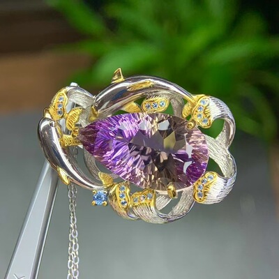 意大利巴西天然紫黄水晶吊坠双色工艺925银女款分色设计款式