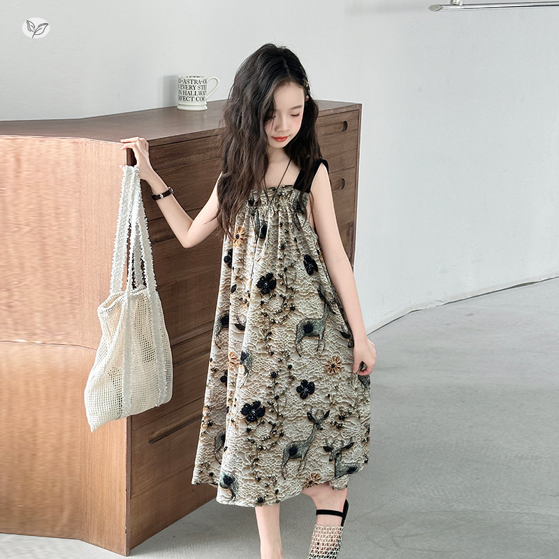 女童夏装连衣裙2025新款儿童夏季洋气碎花吊带裙中大童无袖裙子潮，童装连衣裙，祺儿童装