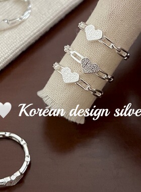 韩国ins风甜美简约饰品S925纯银 椭圆镂空拼接肌理感爱心戒指百搭