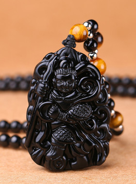 天然水晶黑曜石哪吒三太子吊坠中坛元帅善胜童子大将军玉石国风