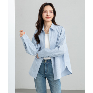 Eworld26春  格调韵律蓝白条纹衬衫女宽松叠穿通勤上衣X66009