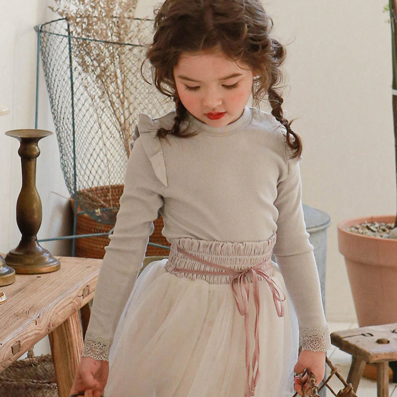 한국 아동복 봄 여아 패션 레이스 커프스 긴팔 면 베이스 레이어 오리지널 아동복