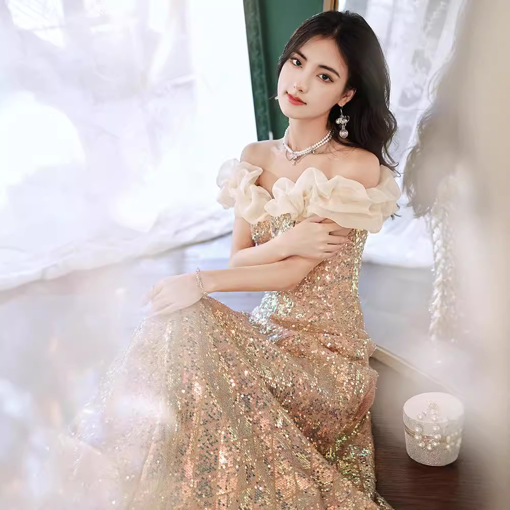 一字肩亮片晚礼服女2025新款主持人年会美声独唱声乐艺考香槟金色