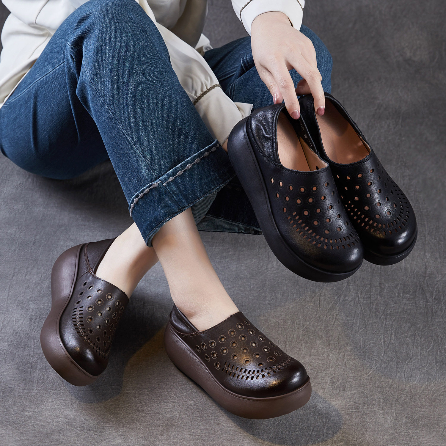 头层牛皮镂空洞洞鞋女厚底坡跟两穿凉鞋34小码软底防滑不累脚单鞋