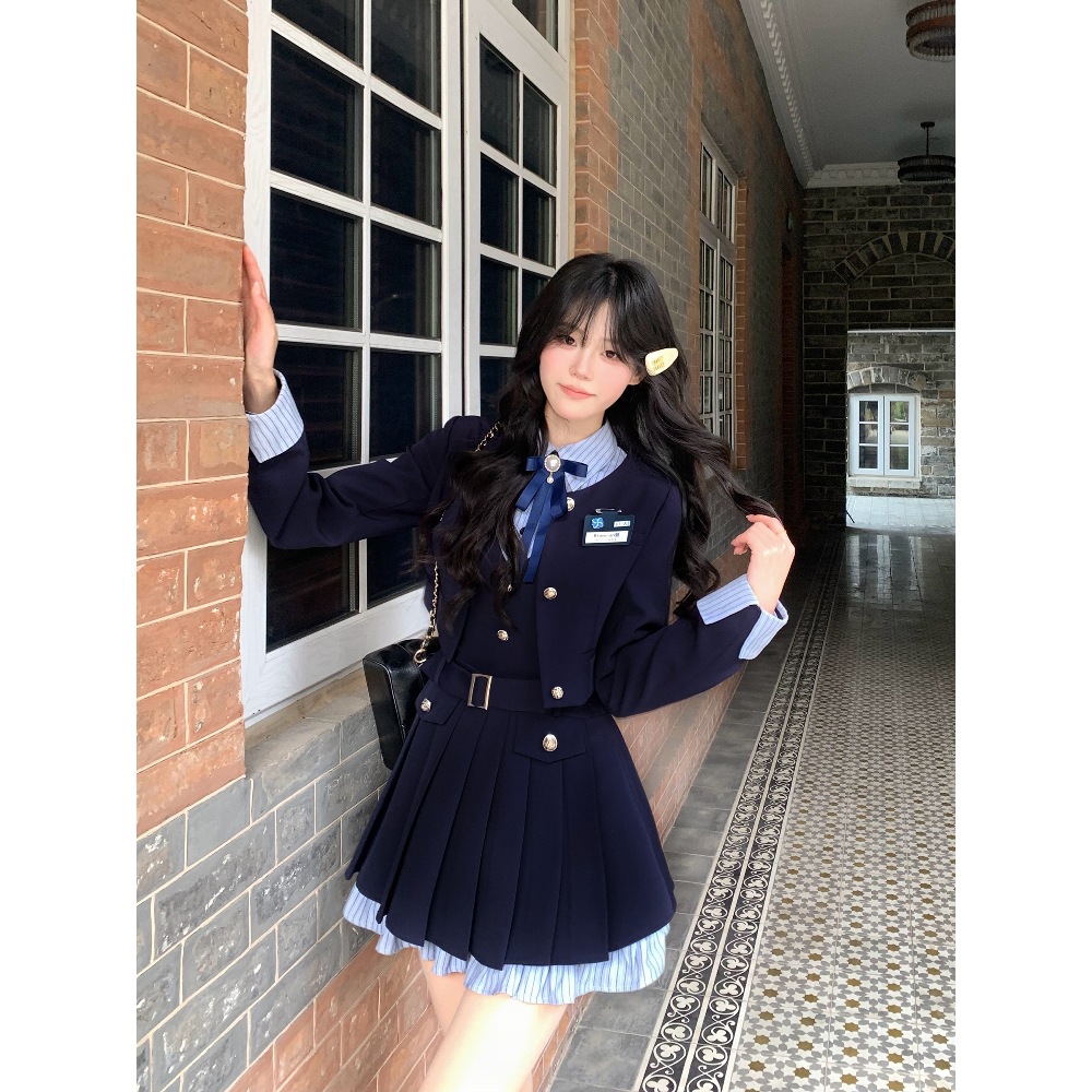 2025春秋季日系甜美jk制服假两件百褶连衣裙西装外套学院风套装