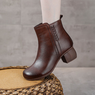 秋冬款短靴加绒保暖头层牛皮女靴圆头粗跟妈妈棉鞋二棉舒适不累脚