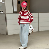 女童条纹毛衣2025年秋季新款加厚半拉链针织衫中大童休闲长袖上衣，童装毛衣，祺儿童装