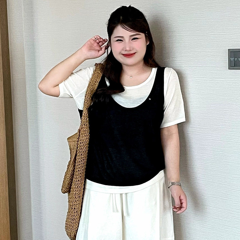 新款23925大码女装撞色假两件上衣女2026夏款胖mm休闲针织短袖t恤