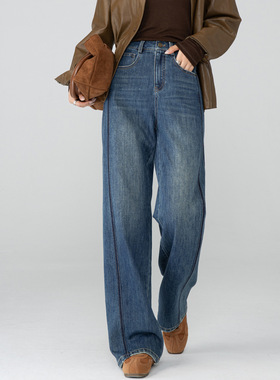 Eworld25冬立体分割复古撞色高腰阔腿裤女新款显瘦宽松长裤X85361