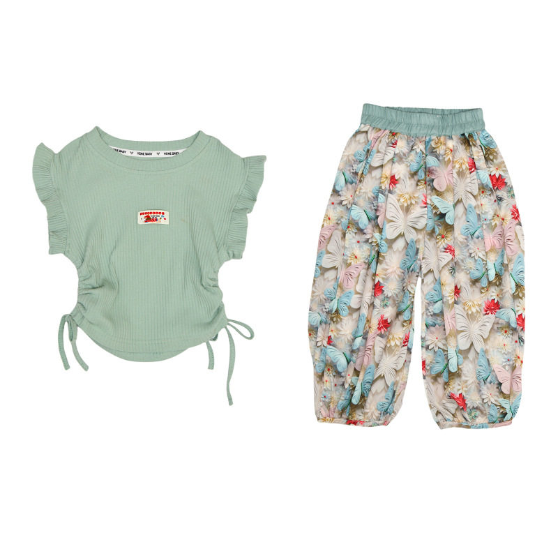 外贸法泰式欧美风格女儿童装飞袖背心上衣花蝴蝶超薄防蚊裤两件套