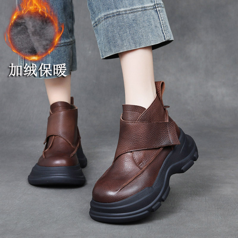 25秋冬款加绒加厚保暖真皮马丁靴头层牛皮厚底坡跟魔术贴短靴