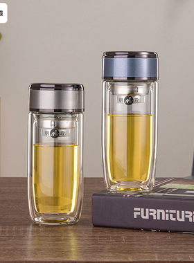 明霞双层玻璃杯便携办公泡茶杯高档商务水杯男士车载家用加厚杯子