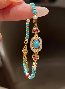 小红书新中式古法绿松石镶钻手链轻奢设计民族风多巴胺复古手饰女