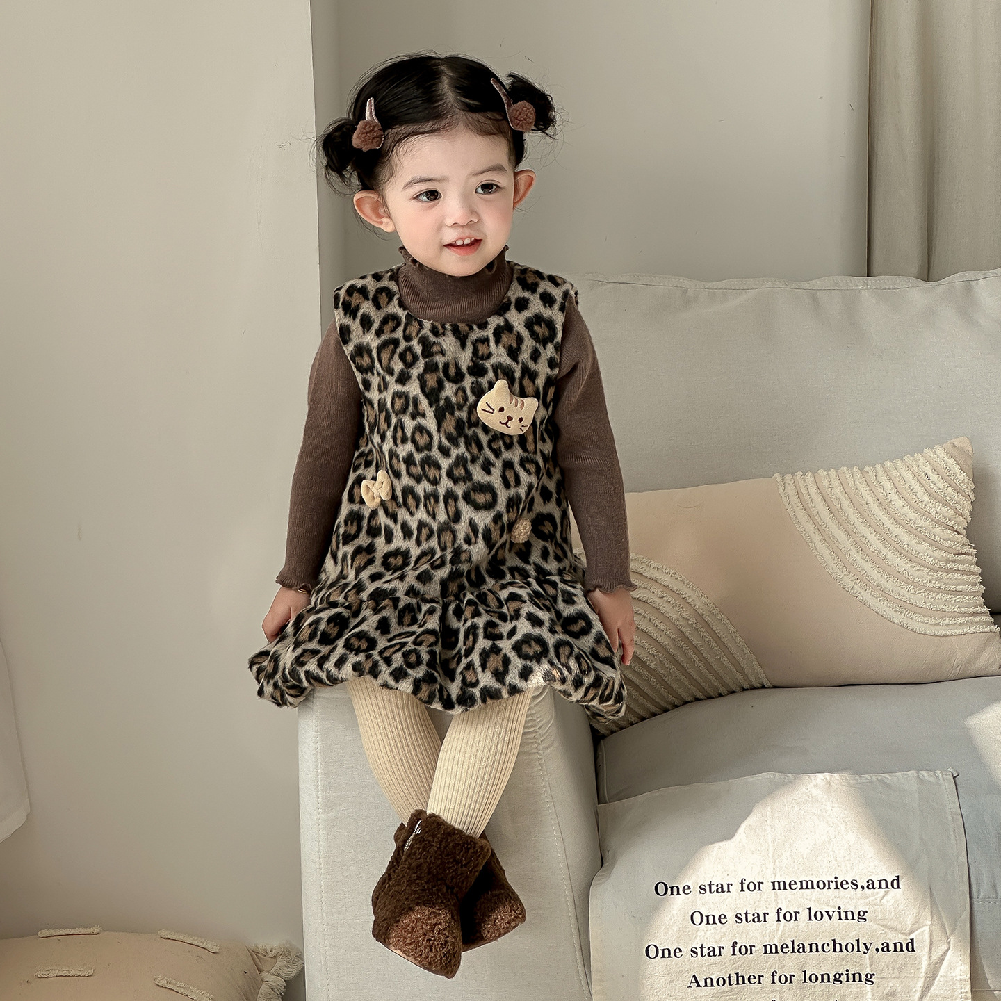 新年豹纹冬季新款婴幼儿加绒加厚豹纹连衣裙套装女裙子毛衣两件套