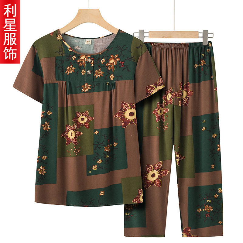 妈妈夏季休闲竹节棉套装宽松大码奶奶短袖上衣宽松中老年人两件套