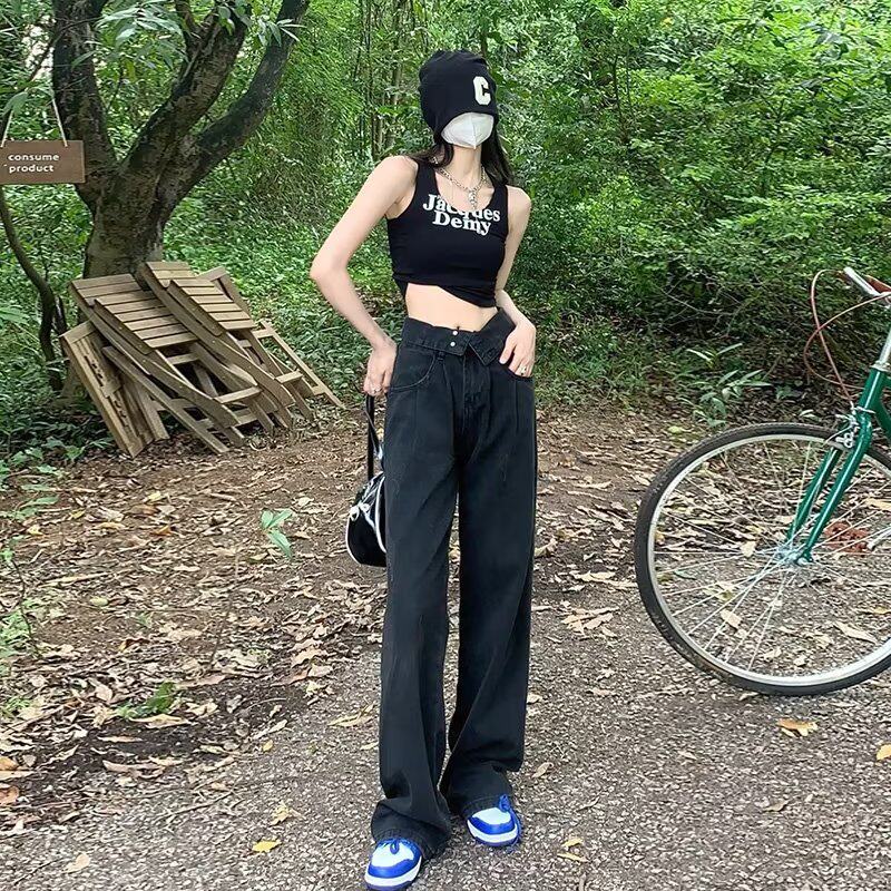 阔腿牛仔裤女2023年秋季潮牌腰显瘦水洗复古宽松hiphop拖地裤子