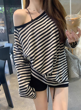 弛性感宽松条纹T恤衫女2025秋韩版慵懒风性感一字领内搭长袖上衣