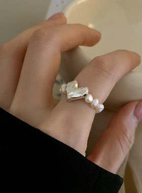 02458法式天然巴洛克珍珠爱心戒指食指弹力小众设计时尚个性指环