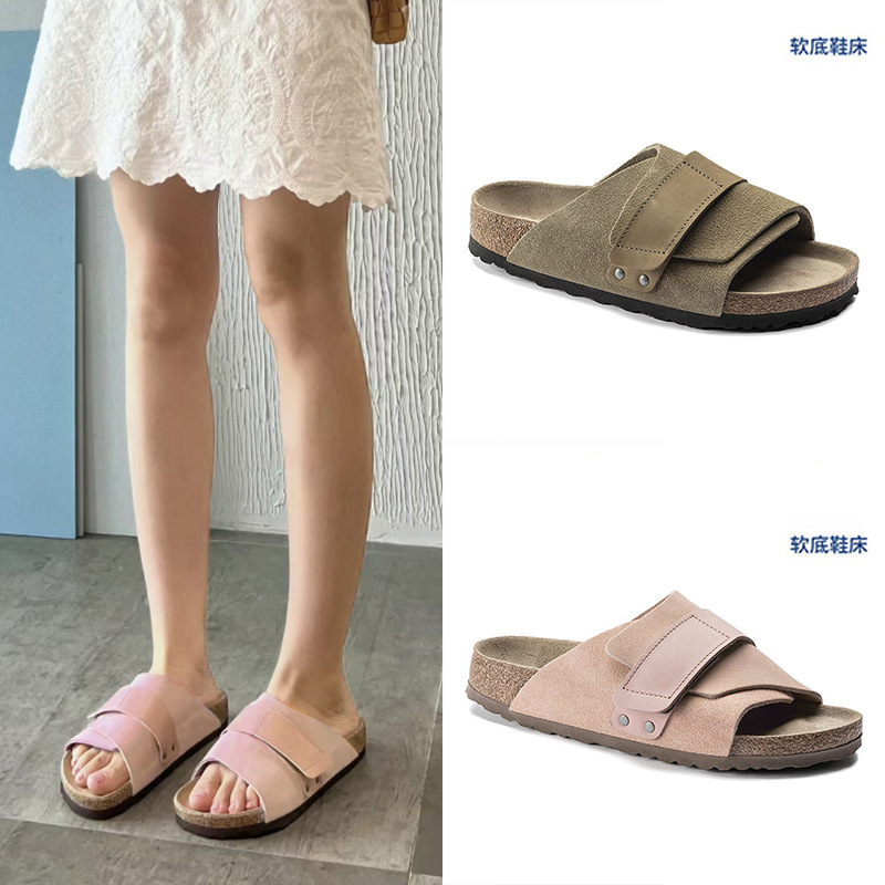 BK勃肯鞋女款真皮软木底博肯凉拖鞋夏季外穿全牛皮魔术贴一字拖