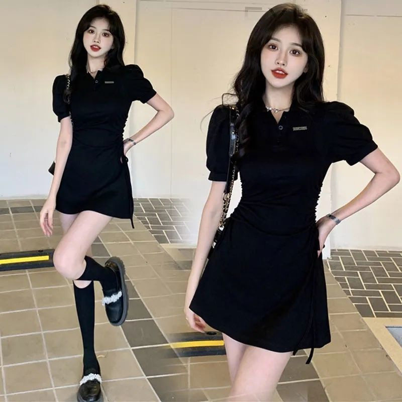 Polo领连衣裙龄女学生初恋修身显瘦甜辣纯欲风短袖裙子初恋风