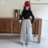 女童春秋卫裤2025年新款休闲蘑菇绣花阔腿裤中大童运动长裤弯刀裤，童装裤子，祺儿童装