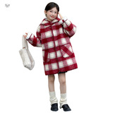 女童加绒加厚外套2025冬季新款格子连帽呢大衣中大童时髦保暖棉衣，童装外套，祺儿童装