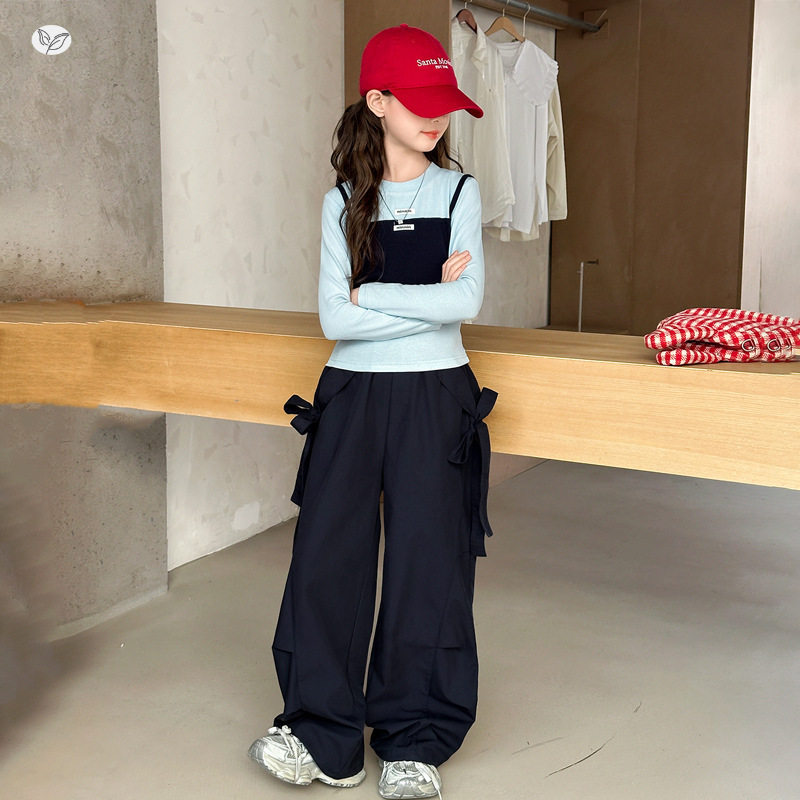 女童休闲套装2025秋季新款假两件打底衫蝴蝶结工装裤两件套中大童,商品下架区,祺儿童装