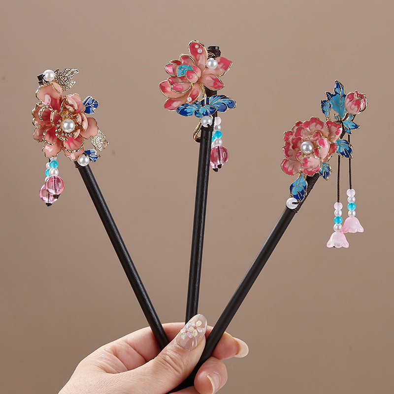 中国风花朵流苏发簪仿黑檀木古风汉服旗袍发钗现代日常盘发木簪子