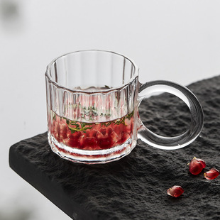 竖纹浮雕圆环玻璃水杯饮料挂耳咖啡杯子家用颜值餐厅公室茶杯