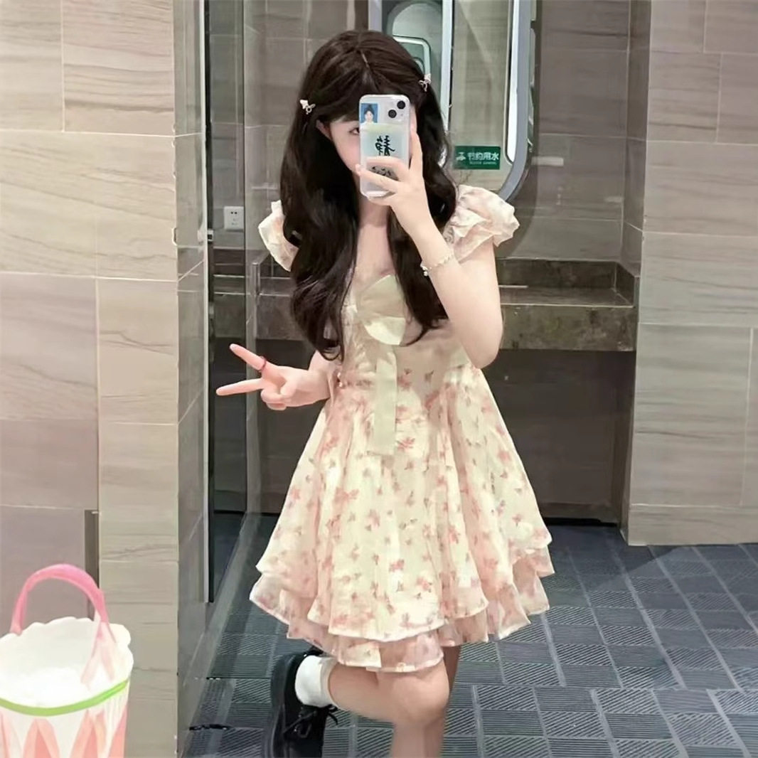 小清新碎花纱裙甜美龄小个子蓬蓬公主裙收腰显瘦A字裙小飞袖
