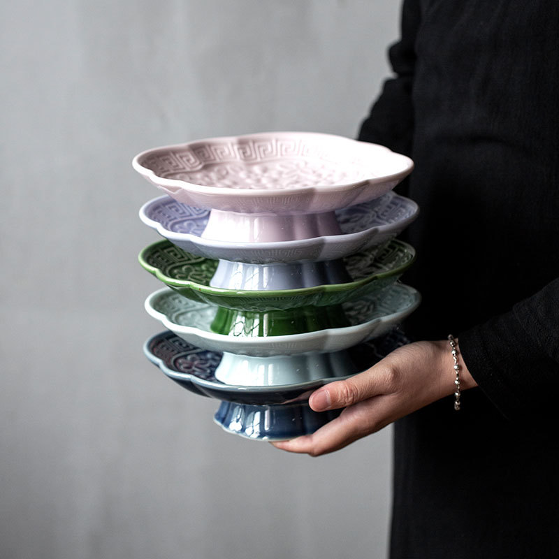 陶瓷中式复古脚茶点盘水果盘创意古风精致糕点盘茶室茶道点心盘