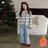 女童家居服套装2025年秋冬新款中大童条纹上衣阔腿裤半边绒两件套，童装家居服（睡衣），祺儿童装