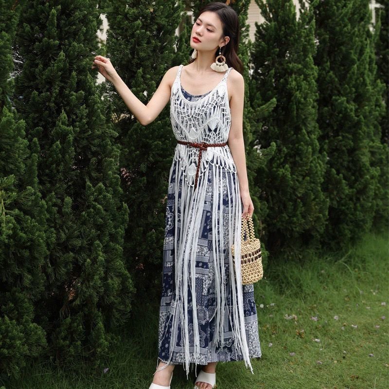 民族风旅游度假彩色印花棉麻吊带连衣裙春夏钩编流苏长裙,女装/女士精品,连衣裙,淘宝优惠券,粉丝福利购,淘宝优惠卷