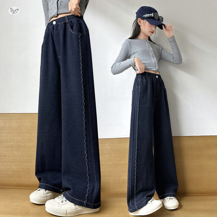 女童2025年秋季新款休闲牛仔阔腿裤波浪纹春秋初中生长裤直筒裤潮，童装裤子，祺儿童装