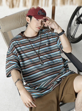 AFZZ复古撞色条纹短袖T恤夏季新款质感刺绣潮牌休闲半袖情侣体恤
