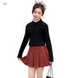 女童2025年秋冬新款学院风抽条木耳花边毛衣女大童洋气温柔毛毛衣，童装毛衣，祺儿童装