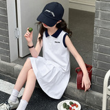 女童学院风连衣裙2025夏季新款儿童POLO领百褶裙子无袖休闲裙夏装，童装连衣裙，祺妙童装