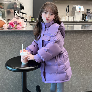 羽绒棉衣加厚外套 棉袄洋气紫色棉服小女孩中长款 2025新款 女童冬装
