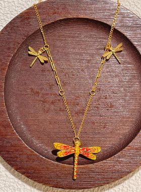 s925纯银镀黄金色首饰珐琅彩色小蜻蜓项链精致百搭森系锁骨链银饰