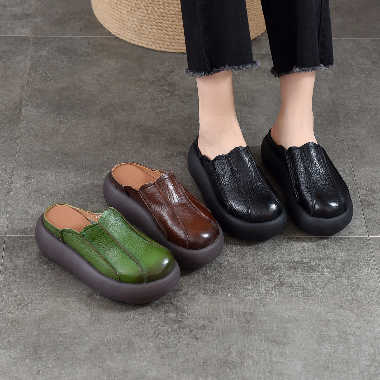 复古休闲头层牛皮厚底外穿半拖女式包头凉拖鞋2026夏季真皮一字拖