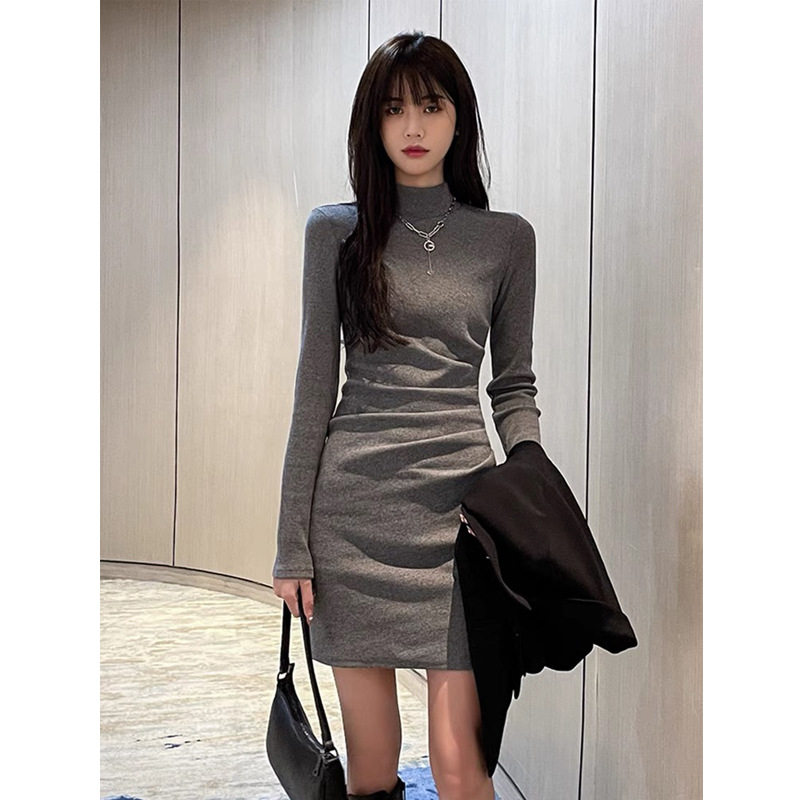 灰色包臀裙女秋冬打底针织连衣裙连衣裙
