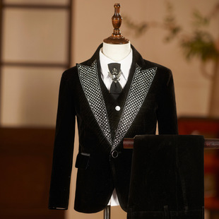 男孩儿童主持人礼服黑色平绒烫钻西服套装走秀钢琴表演西装演出服