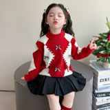 女童蝴蝶结毛衣秋冬季2025新款女洋气加厚保暖冬装针织打底衫P71，童装毛衣，祺妙童装