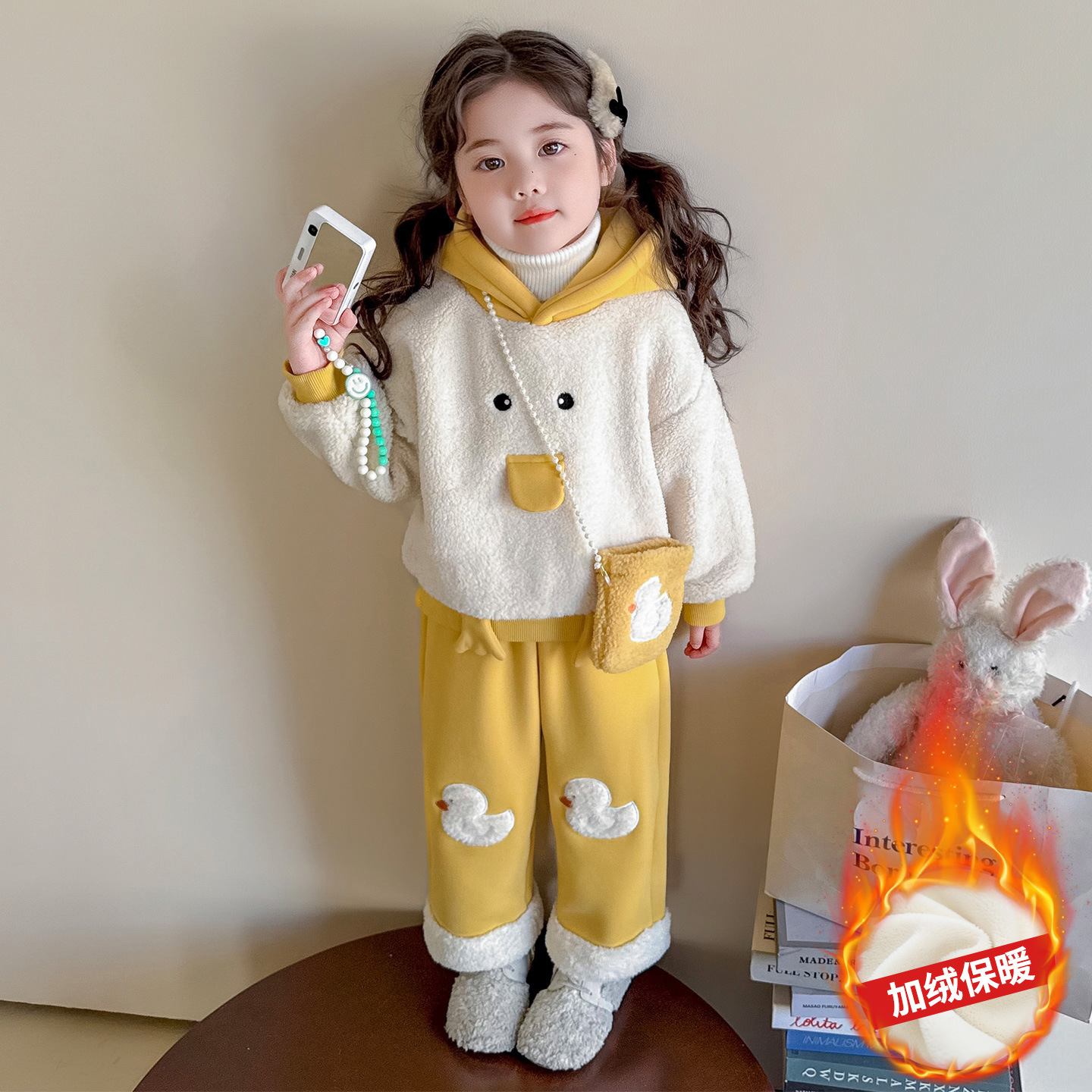 女童加绒卫衣套装秋冬2025新款可爱百搭女冬季加厚保暖两件套P102，童装休闲套装，祺妙童装