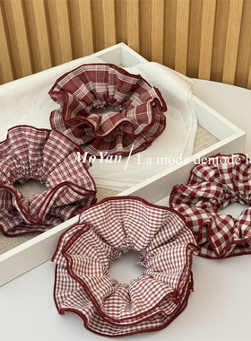 韩版红色格纹布艺大肠发圈网红新款小蛮腰头花丸子头发绳马尾头绳