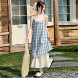 女童蓝色格子吊带裙连衣裙2025新款夏季假两件海边穿搭度假长裙子，商品下架区，祺儿童装